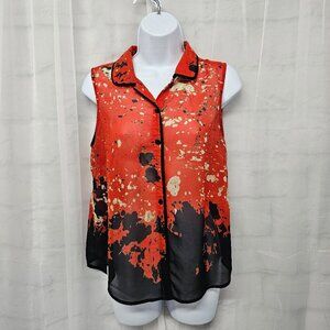 Made For Impulse Red Black Abstract Tank Sheer Artsy Button M